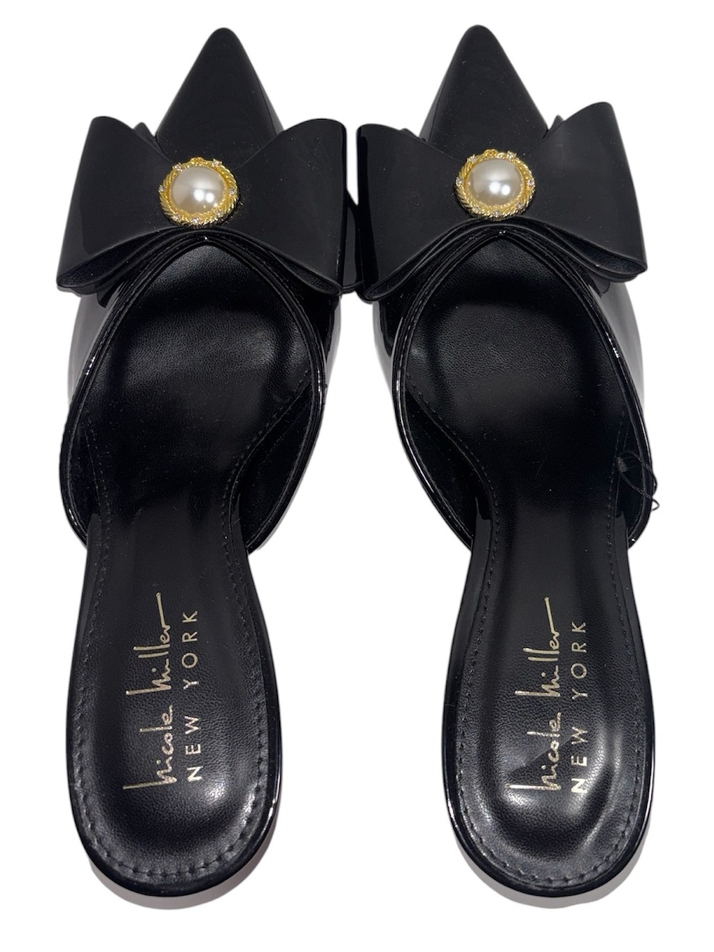 Nicole Miller Patent Black Mules Bow Detail Pearl Rhinestone Accents Pointed Toe
